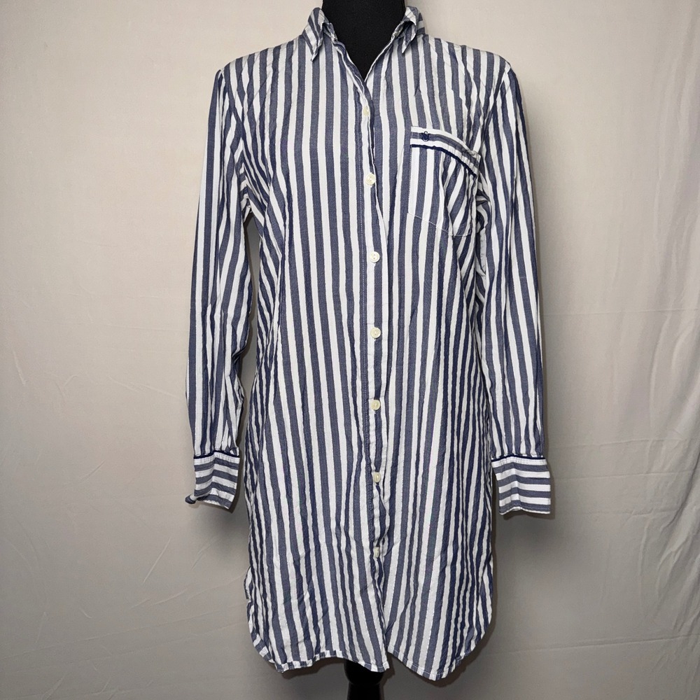 Victorias Secret Blue White Striped Silver Lurex Sleep Shirt Nightgown Womens XS
